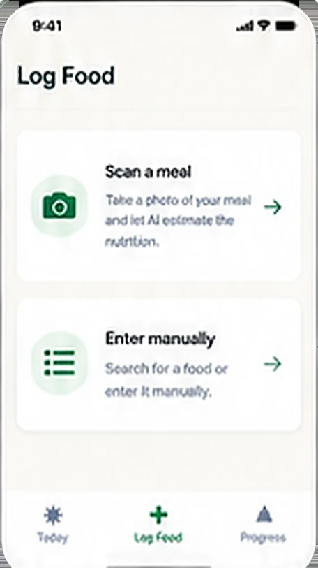 The Cholestie Log Food screen with options to scan a meal with a photo or enter it manually